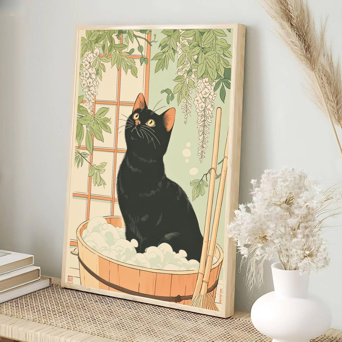 Black Cat Bubble Bath Japanese Ukiyoe Woodblock Style Art Poster - Image 4