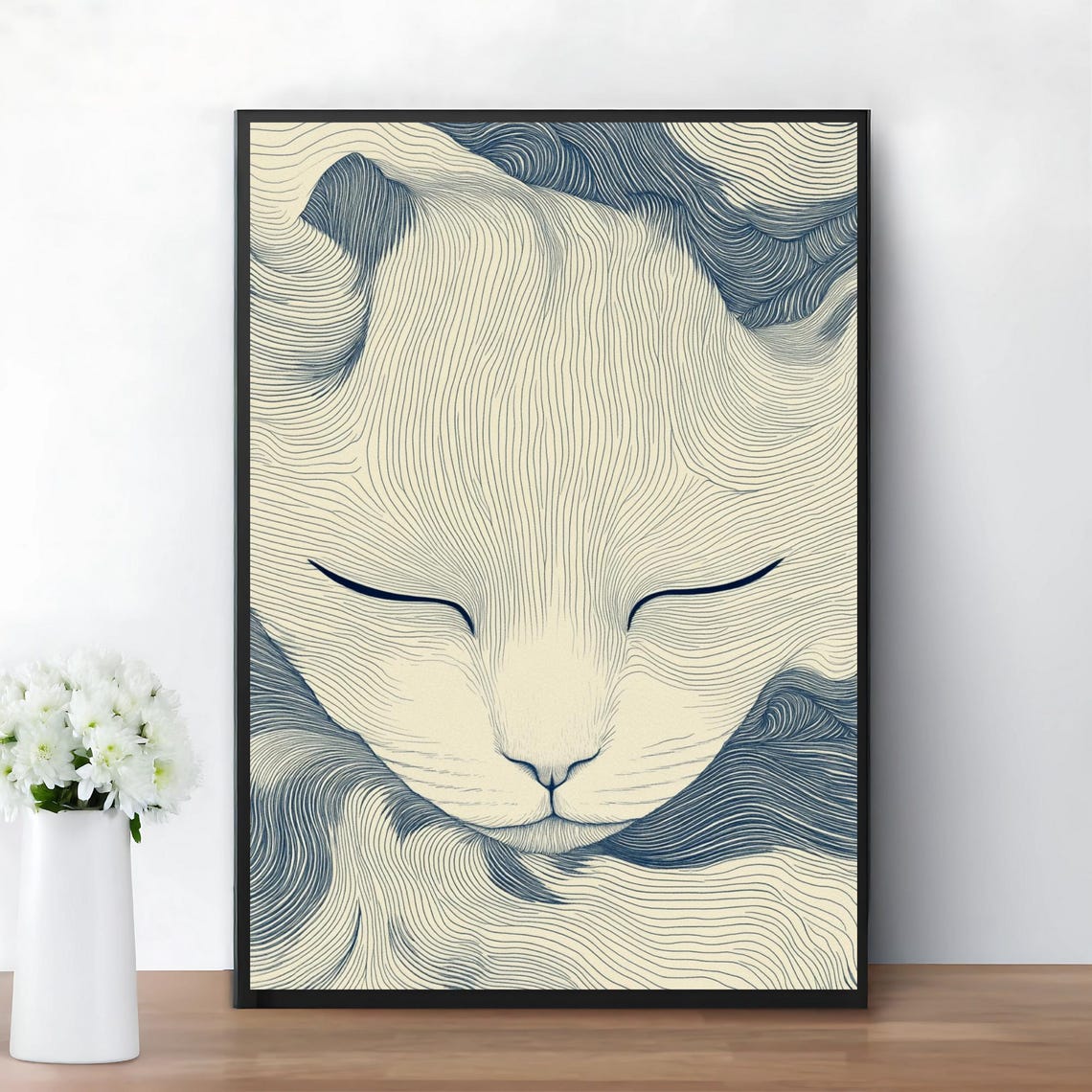 Calm Sleeping Cat Face Japanese Minimalist Blue Line Art Poster - Image 3