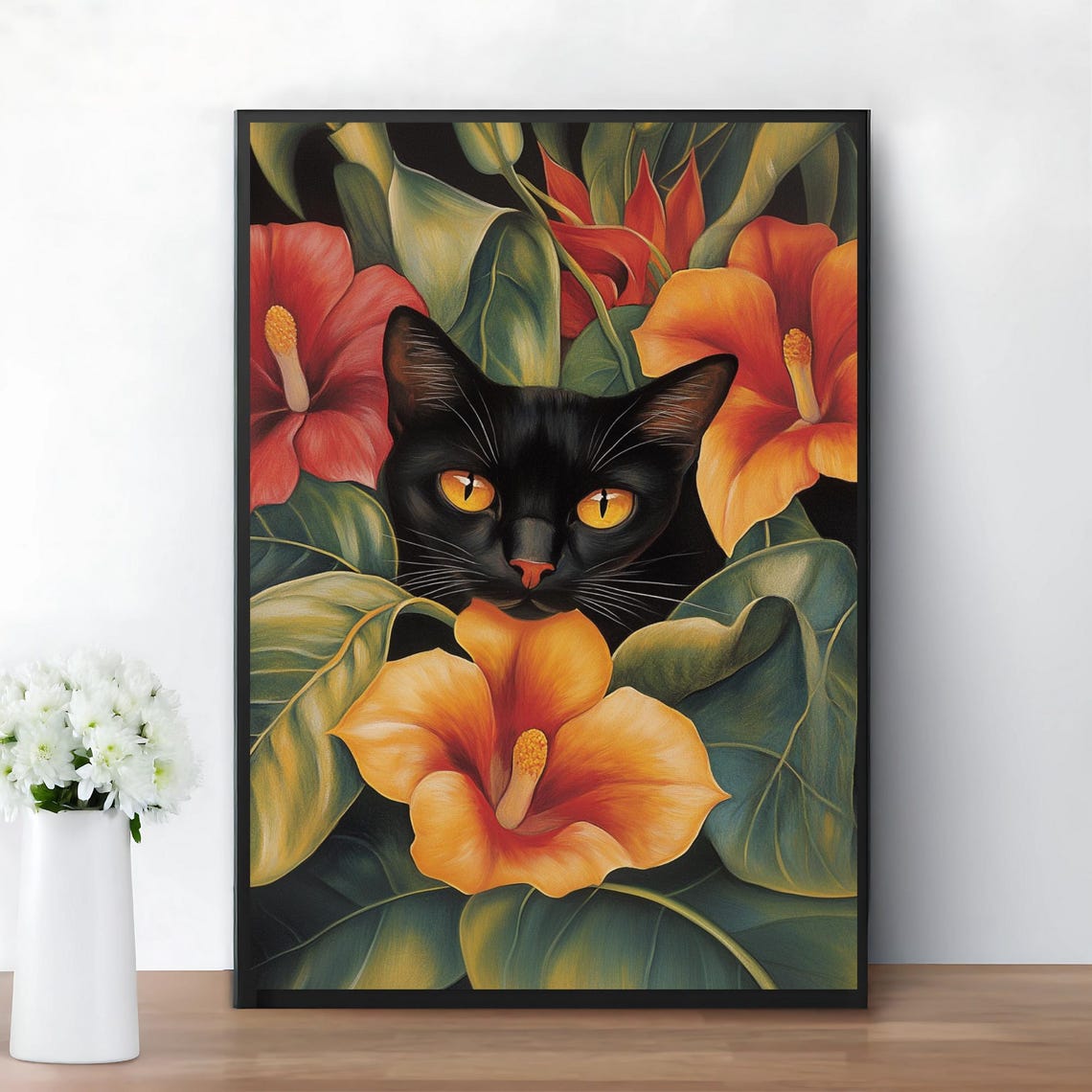 Okeeffe Style Black Cat Tropical Hibiscus Flowers Bold Art Poster