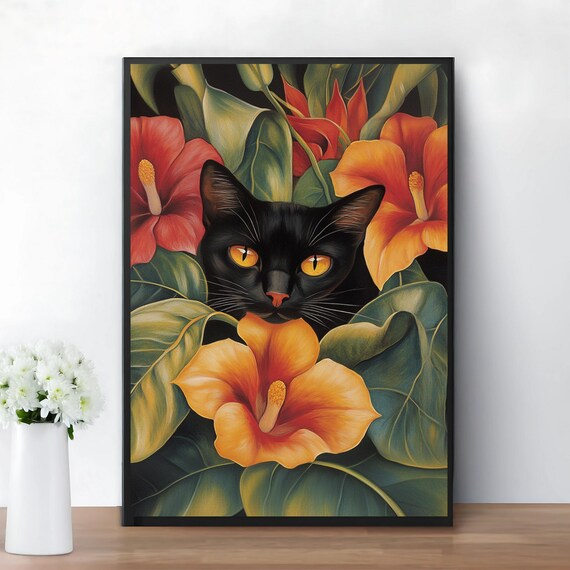 Okeeffe Style Black Cat Tropical Hibiscus Flowers Bold Art Poster