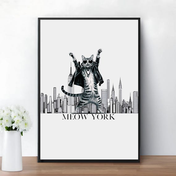 Meow York Cat Print Funny New City Wall Art Cool Nyc Decor For Living Room