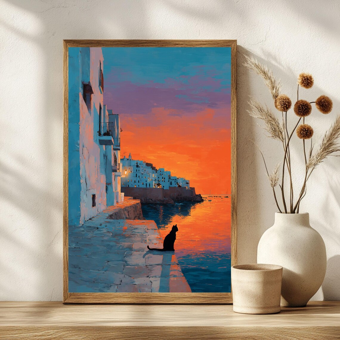 Black Cat Silhouette at Sunset Seaside Town Coastal Art Poster - Image 3