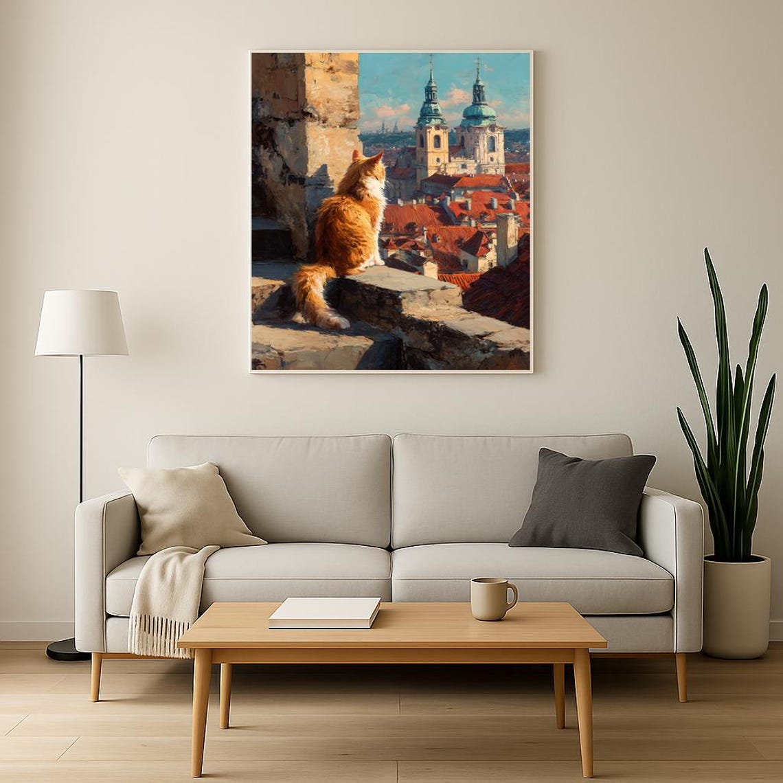 Ginger Cat Watching Old Town Rooftops Scenic Travel Cat Poster - Image 2