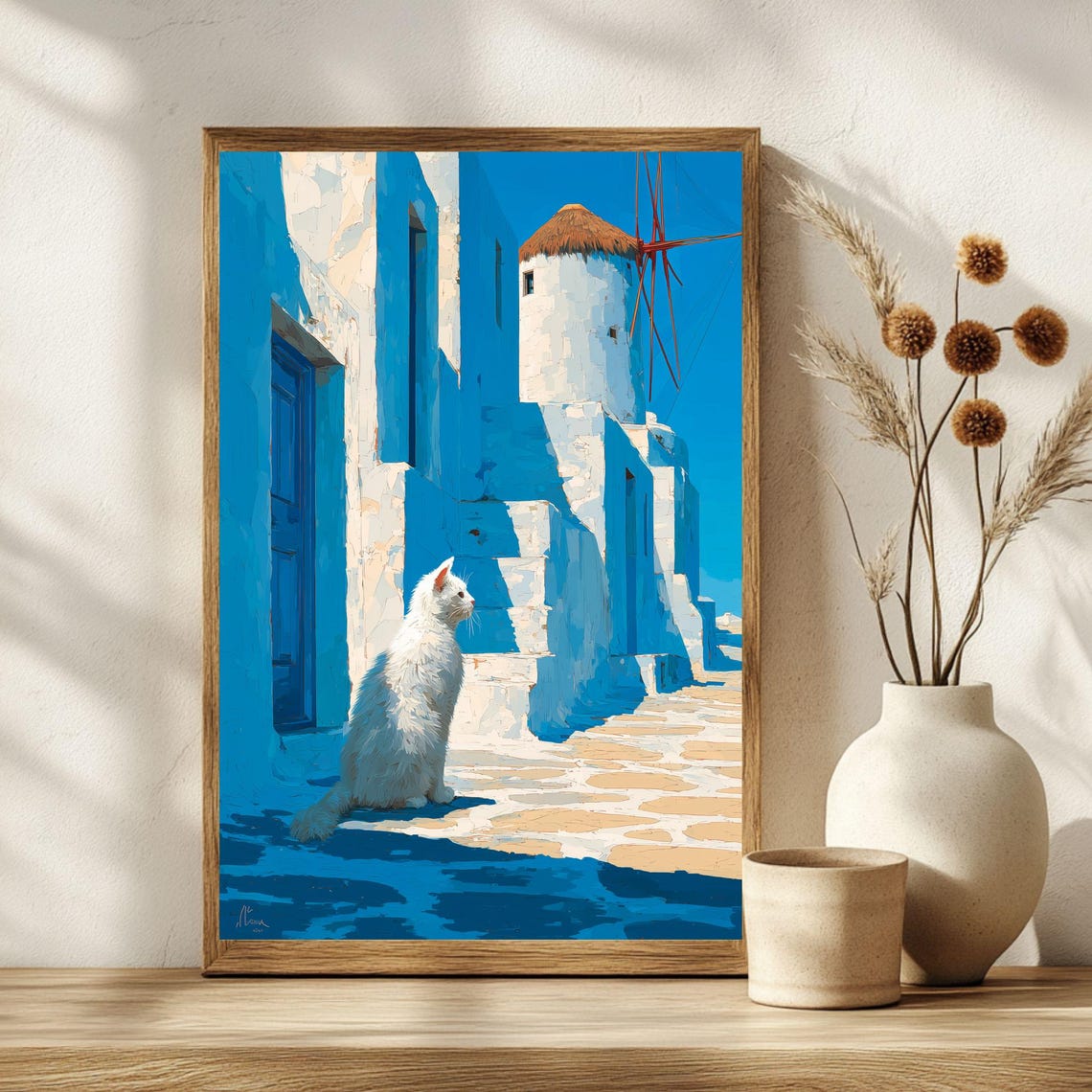 White Cat in Greek Island Alley With Windmill Mediterranean Poster - Image 2