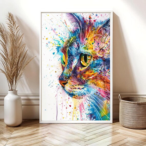 Colorful Watercolor Cat Portrait Splatter Paint Vibrant Wall Poster