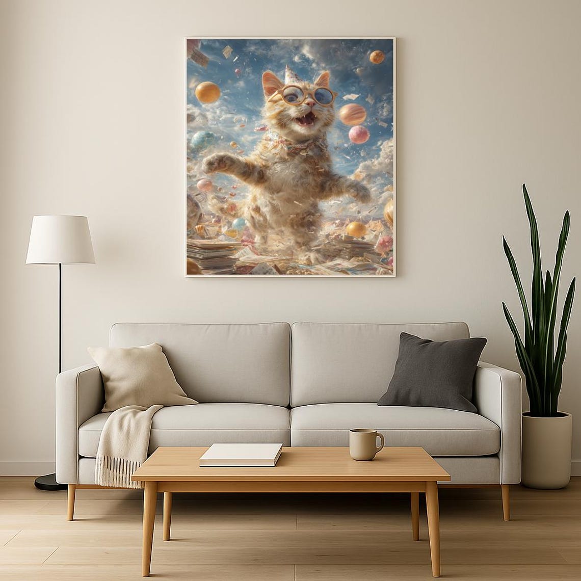Ginger Cat Party Sunglasses Balloons Floating Surreal Dream Poster - Image 3