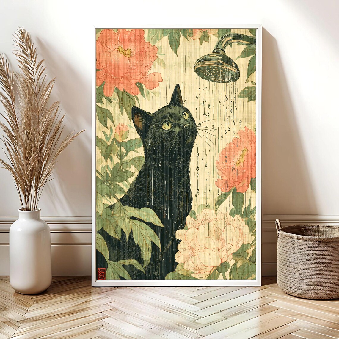 Elegant Black Cat in Peony Rain Japanese Ukiyoe Style Art Poster - Image 2