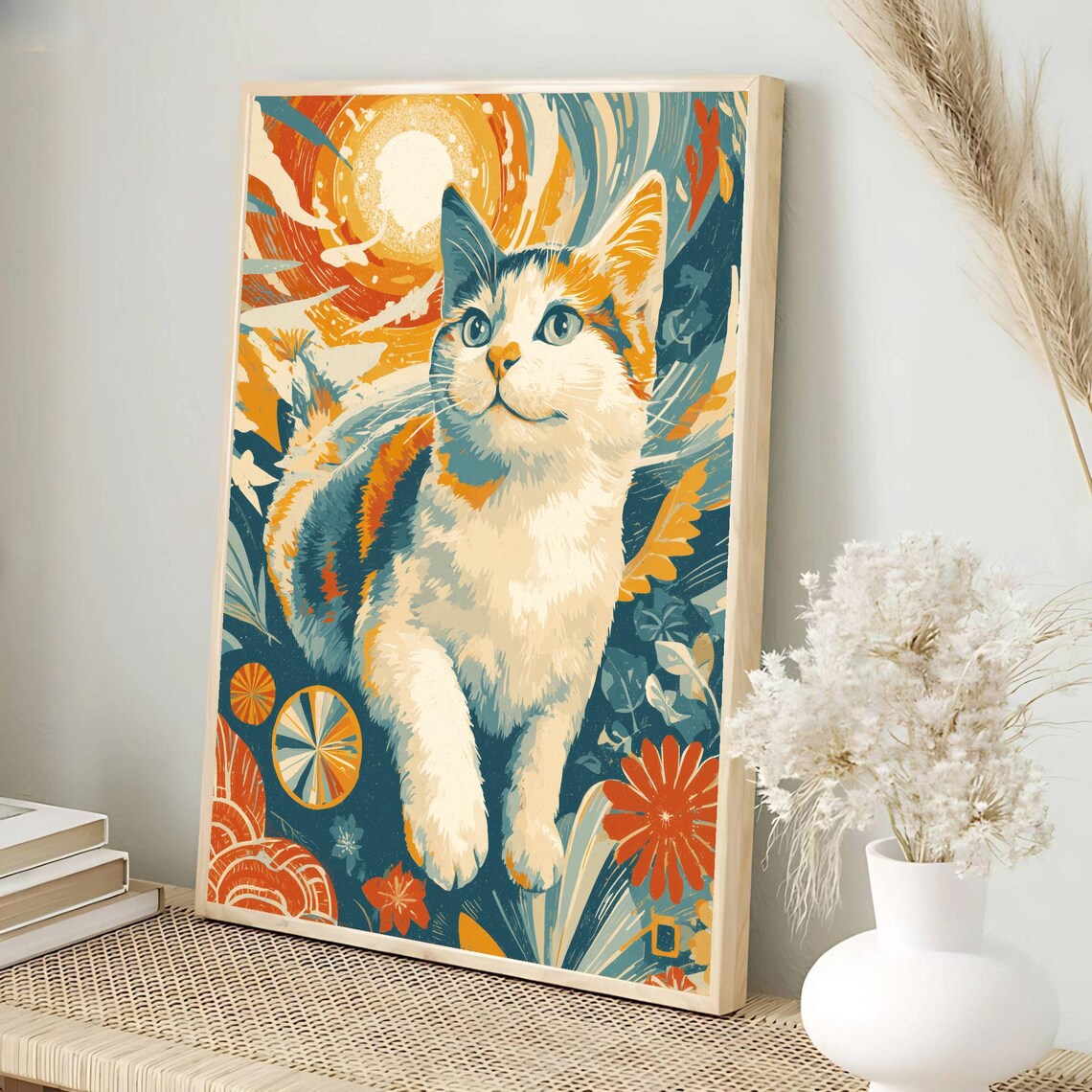 Vibrant Leaping Calico Cat in Bold Tropical Sunset Floral Poster - Image 3