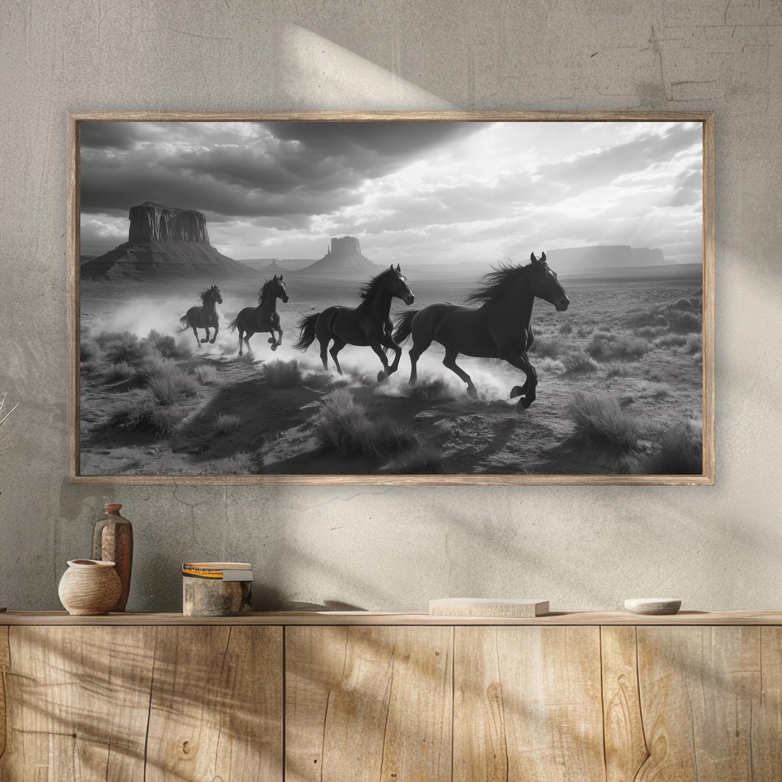 Wild Horses Galloping Desert Buttes Sunset Black White Travel Poster - Image 2