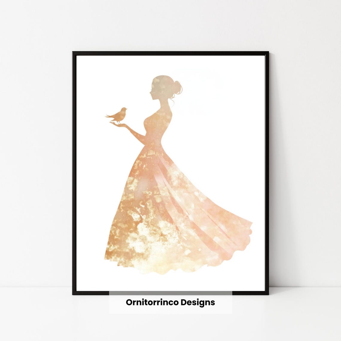 Blush Rose Gold Princess Silhouette Bird Watercolor Gown Poster - Image 3