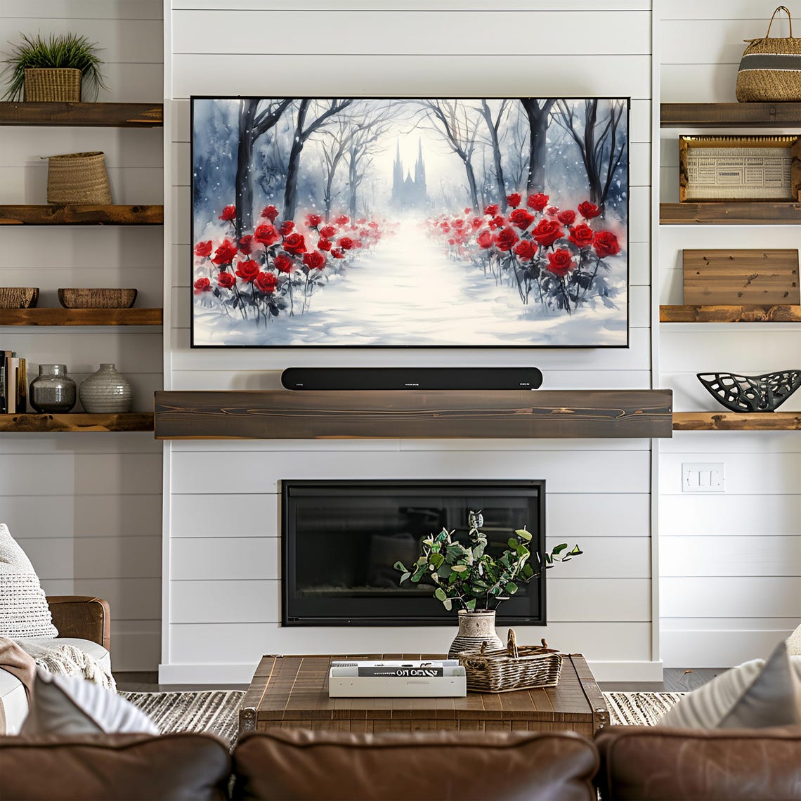 Winter Watercolor Red Roses Snowy Path Gothic Cathedral Scene Wall Art - Image 2