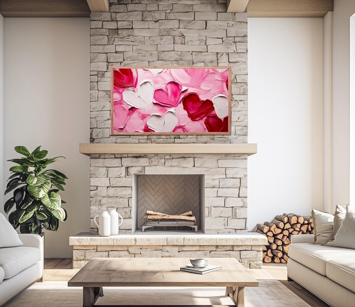 Pink Red Hearts Textured Oil Painting Romantic Valentine Wall Art - Image 2