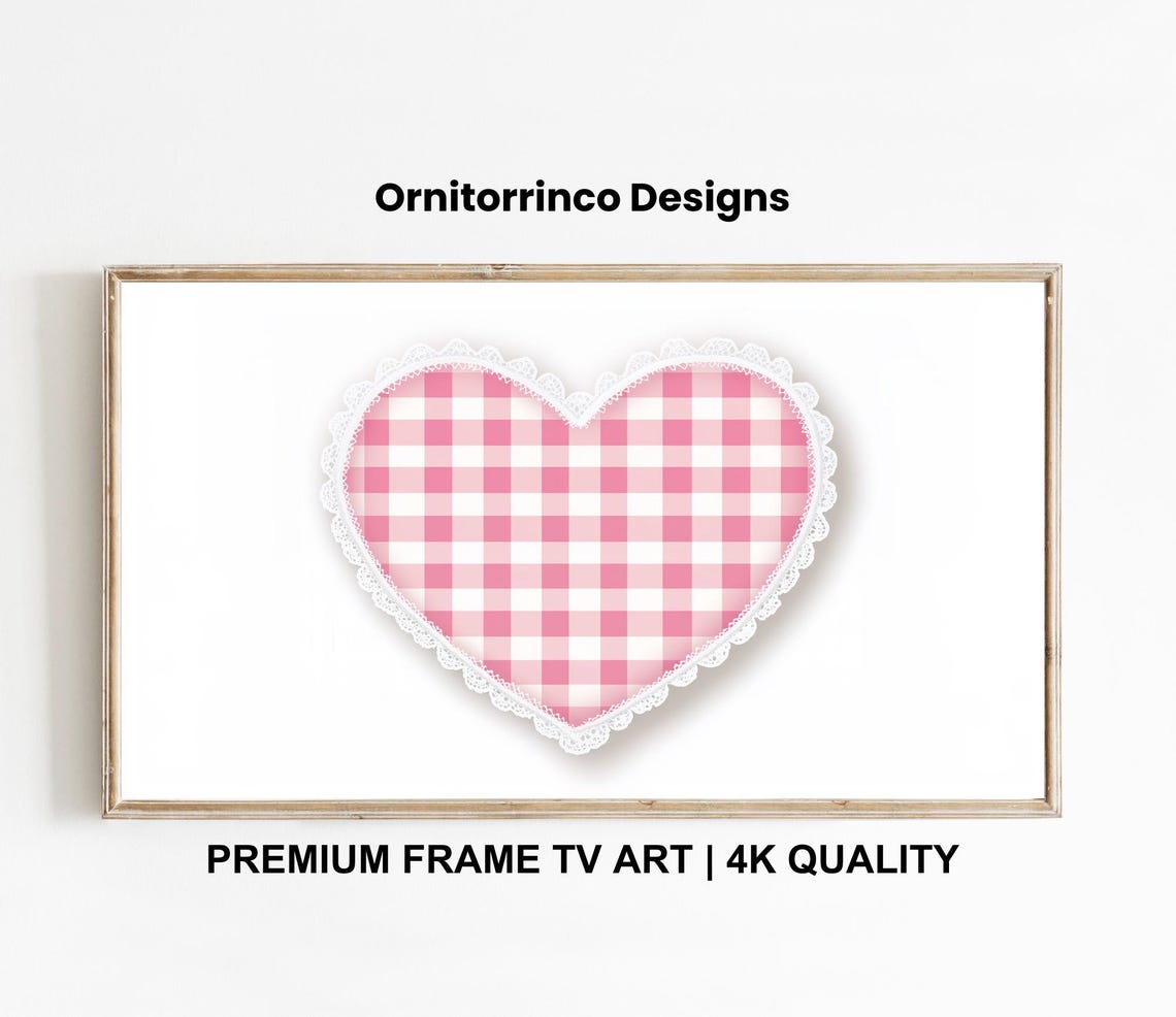 Pink Gingham Heart White Lace Trim Sweet Cottage Valentine Wall Art - Image 3