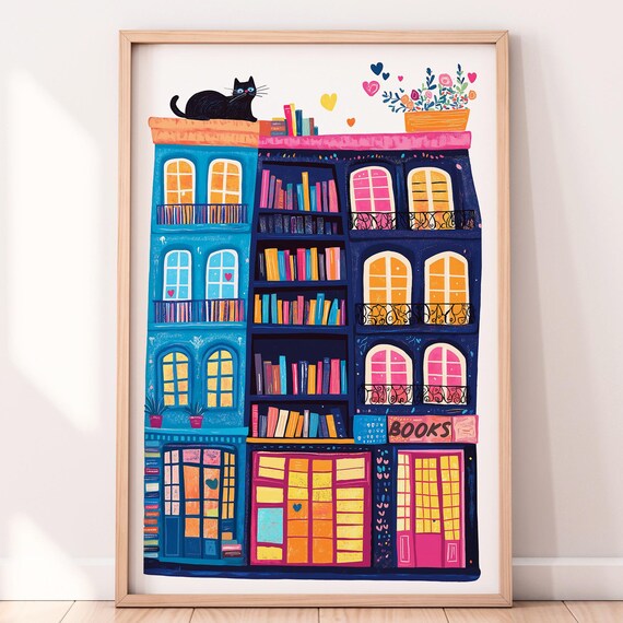 Whimsical Bookshop Black Cat Colorful Books Illustration Wall Art