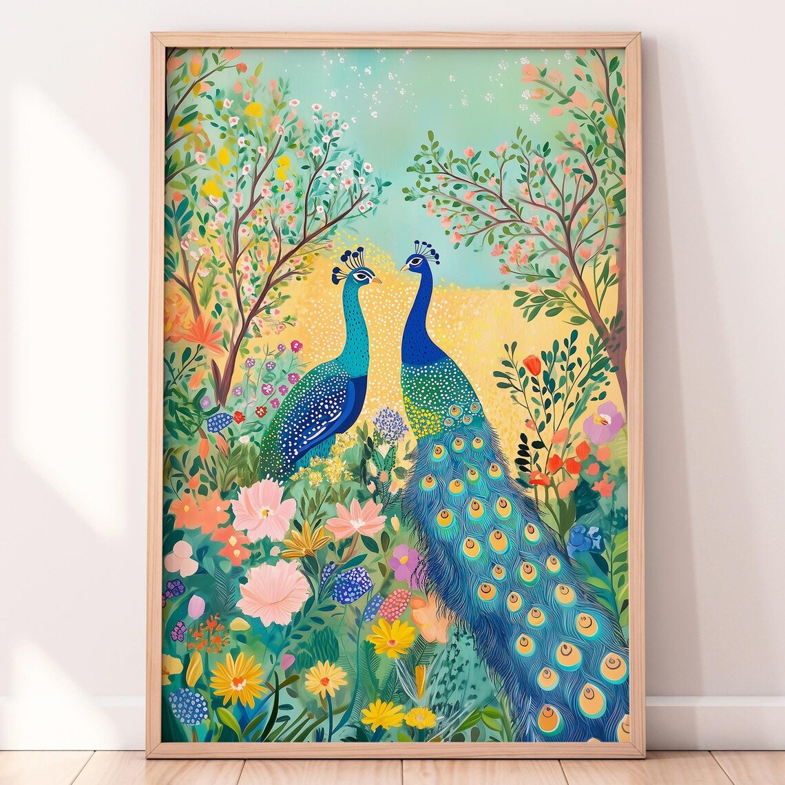 Garden Peacocks Art Print, Floral Illustration