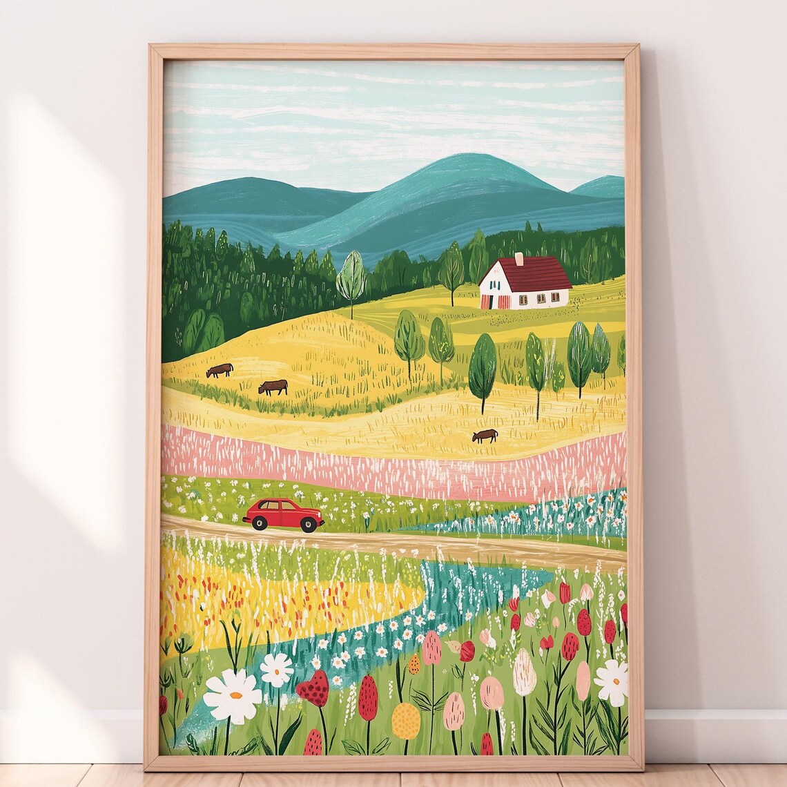 Whimsical Farmhouse Countryside Hills Cows Wildflower Wall Art - Image 4
