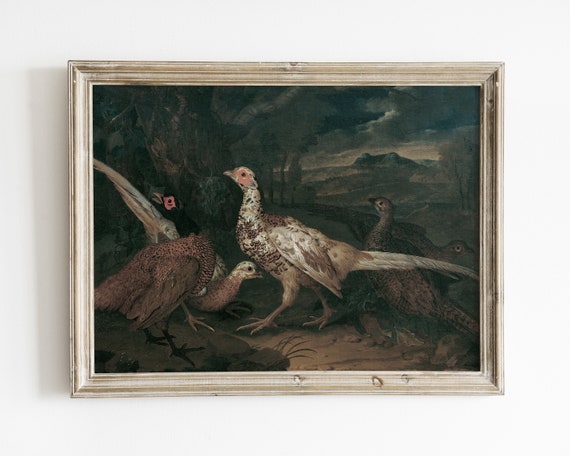 Vintage Moody Pheasant Painting Dark Rustic Wildlife Art Fall Dcor Wall Art