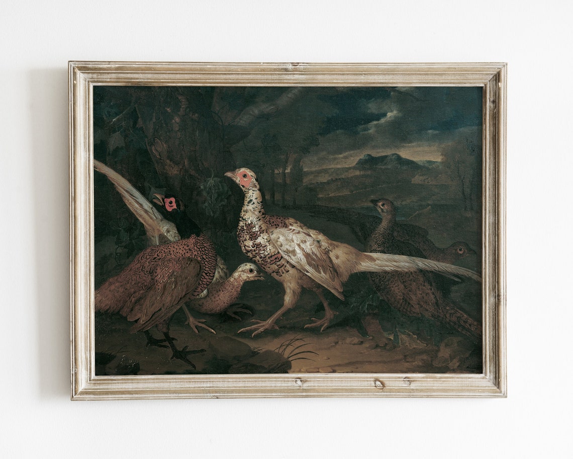 Vintage Moody Pheasant Painting Dark Rustic Wildlife Art Fall Dcor Wall Art