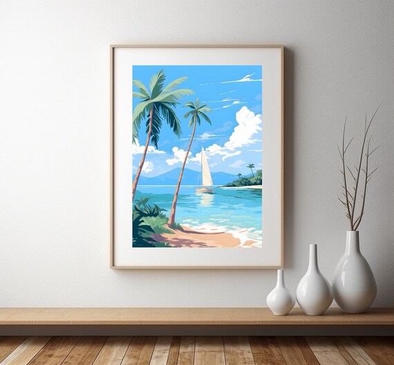 Tropical Beach Sailboat Palm Trees Travel Art Wall Decor Poster
