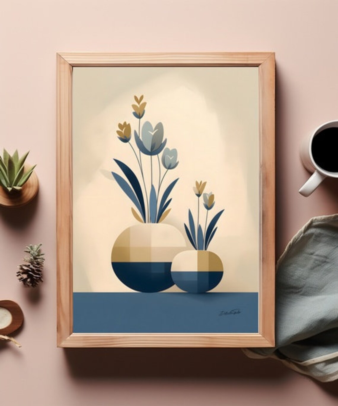 Navy and Cream Round Vases Blue Gold Floral Still Life Poster - Image 4