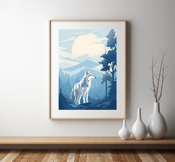 White Wolf Moonlit Blue Forest Wildlife Art Wall Decor Poster