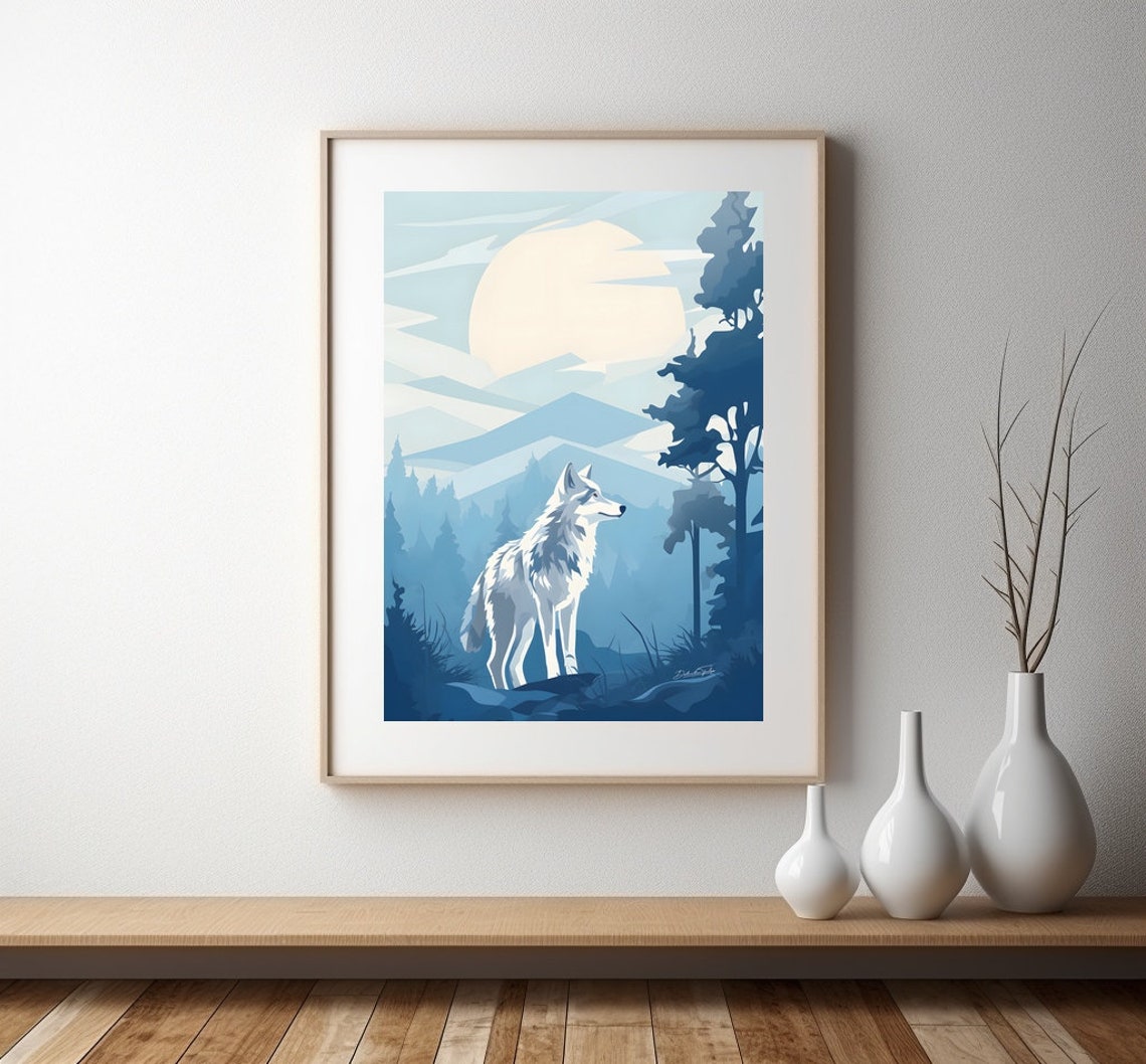 White Wolf Moonlit Blue Forest Wildlife Art Wall Decor Poster