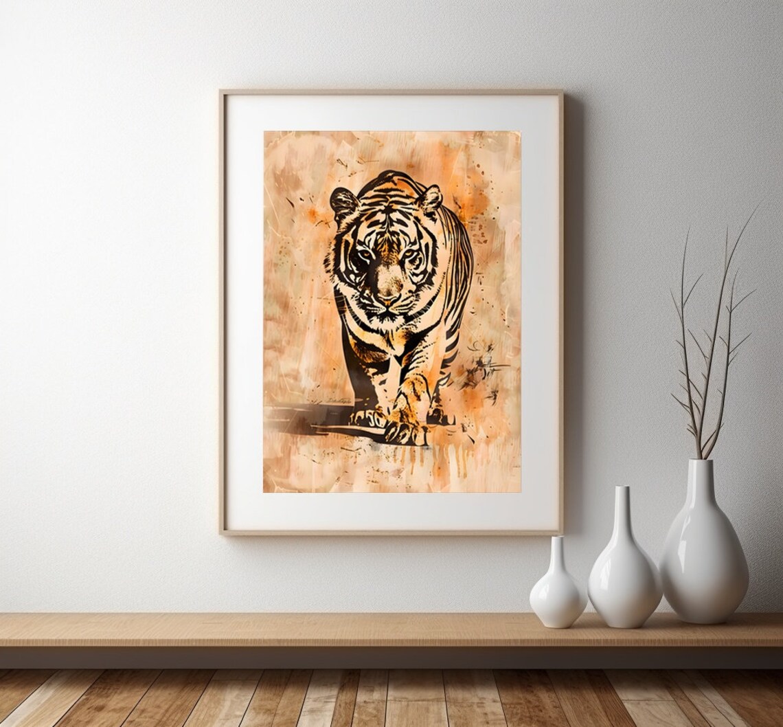 Majestic Tiger Walking Sepia Vintage Wildlife Jungle Art Poster
