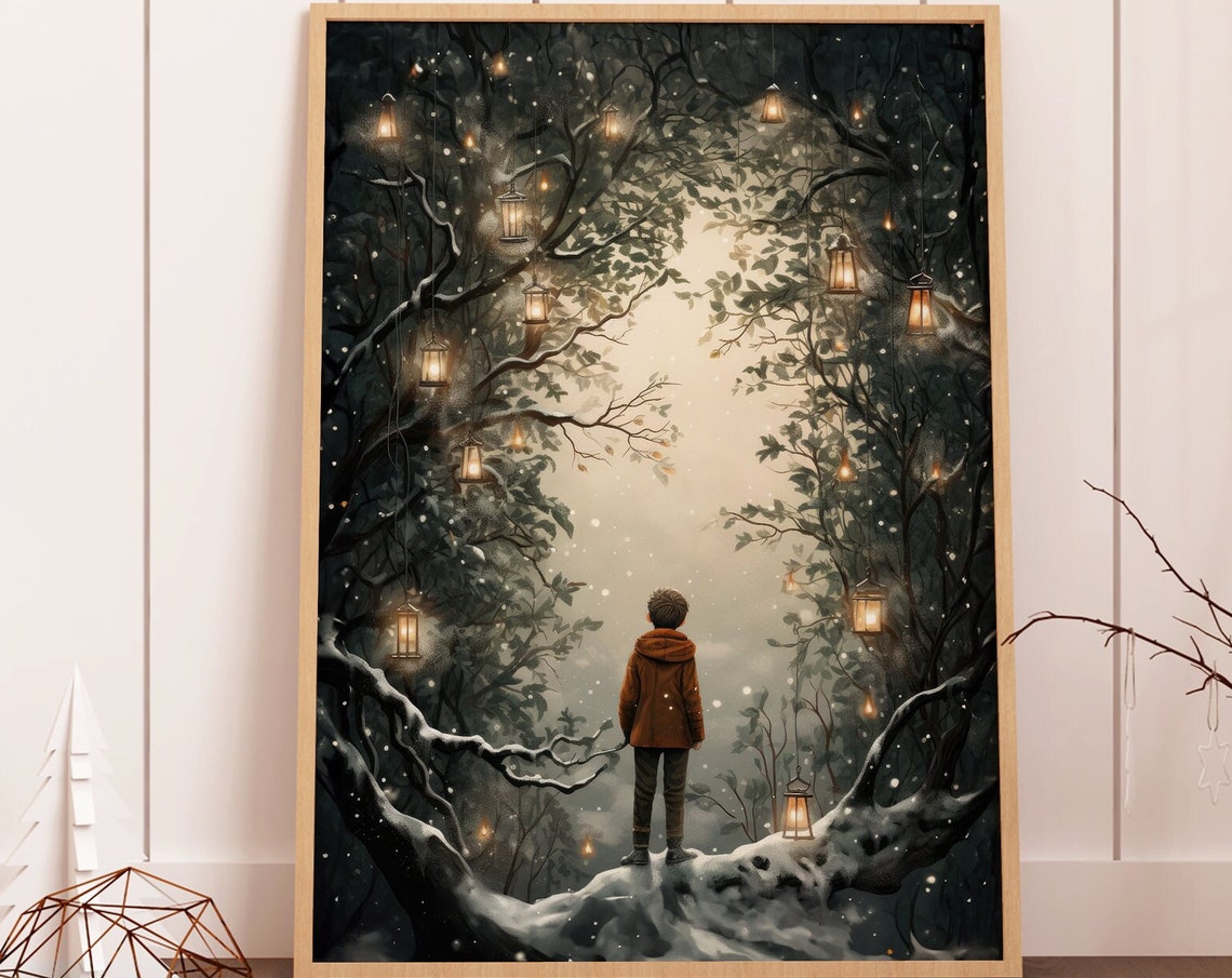 Magical Snowy Forest Lantern Boy Winter Wonderland Scene Poster - Image 7