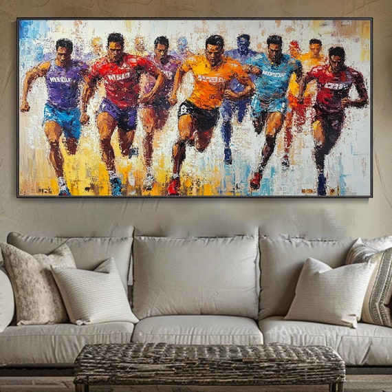 Abstract Textured Marathon Wall Art Abstract Running Sport Oil Painting Large Jogging Wall Decor Living Room Wall Decor