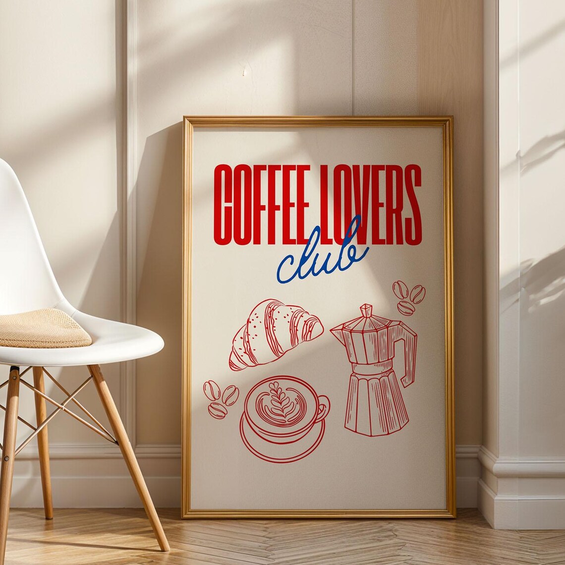 Coffee Lovers Club Red Retro Kitchen Poster with Moka Pot and Croissant