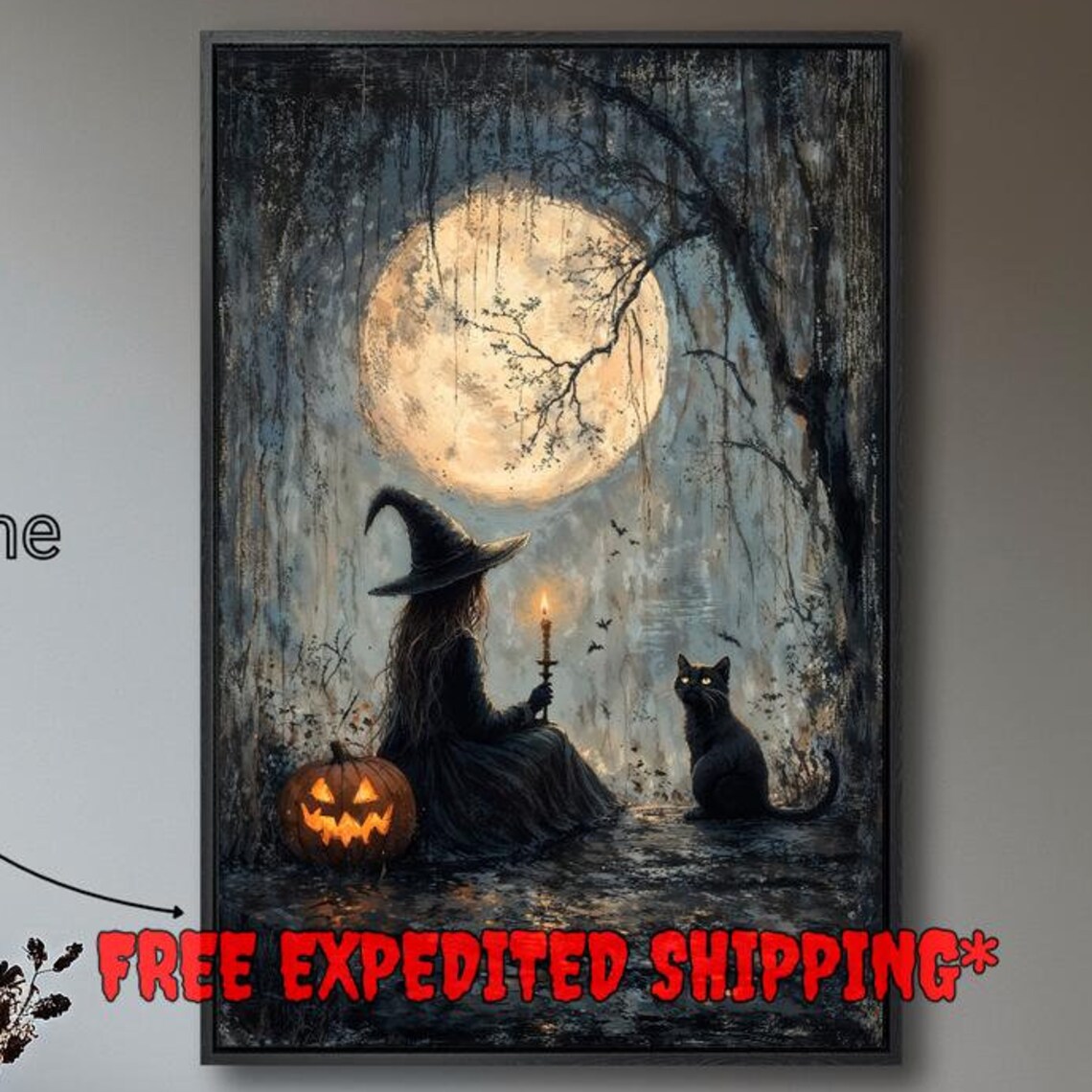 Witch With Black Cat Full Moon Night Candle Jack-O-Lantern Gothic Wall Poster