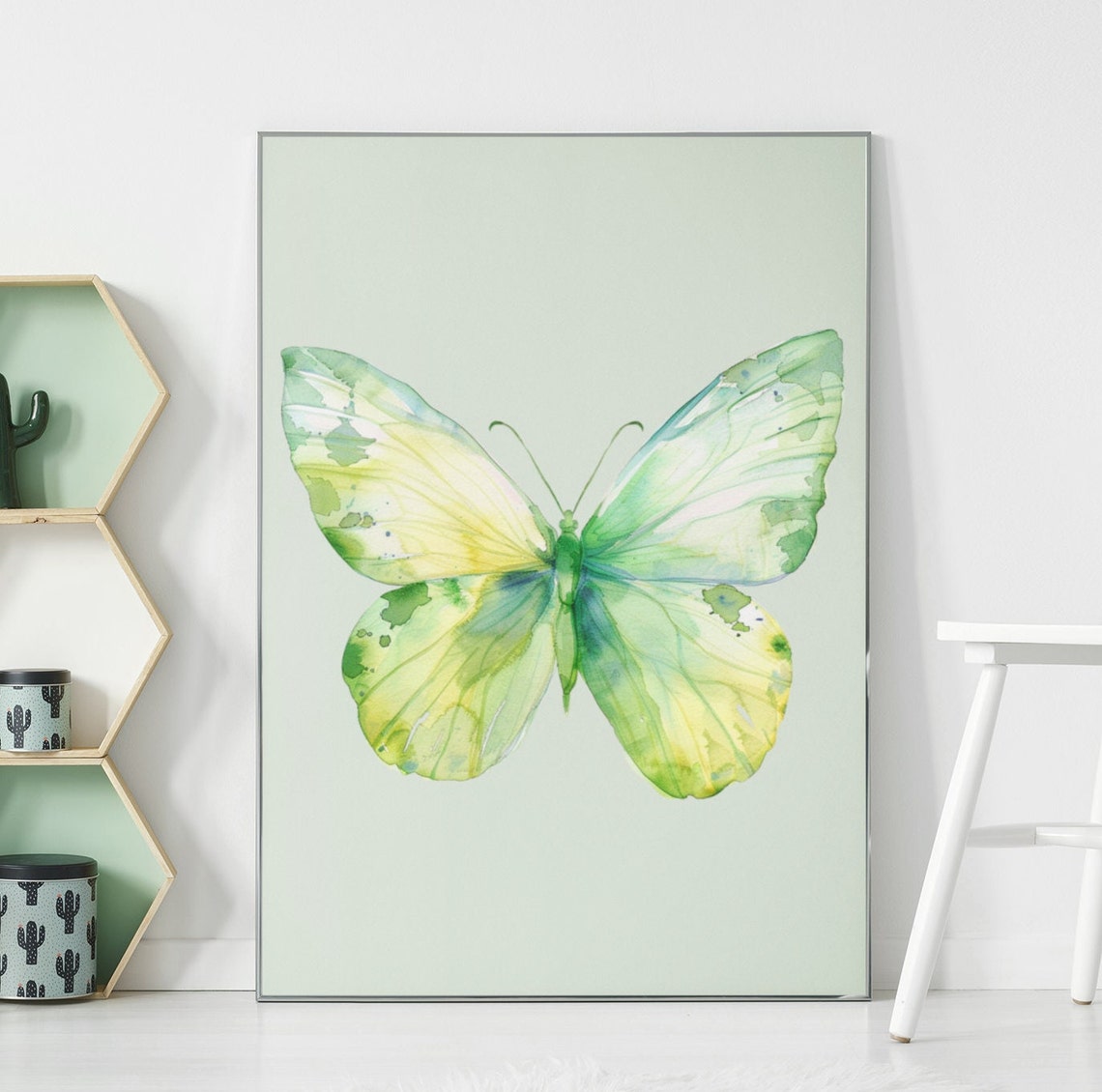 Green and Yellow Butterfly Watercolor Sage Botanical Art Poster - Image 3