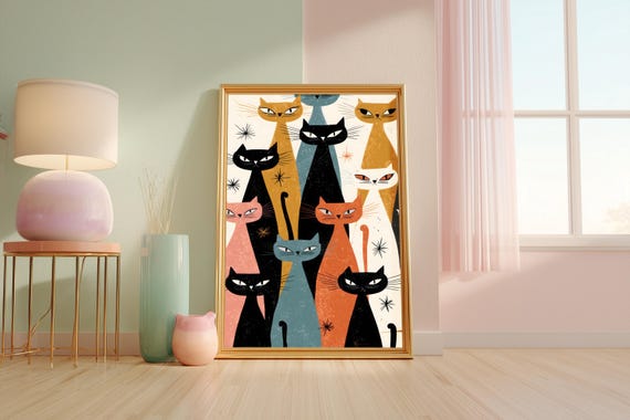 Atomic Cat Print Mid Century Modern Retro Illustration Digital Download