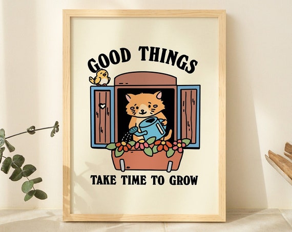 Cat Flowers Wall Print, Cottagecore Nursery Decor
