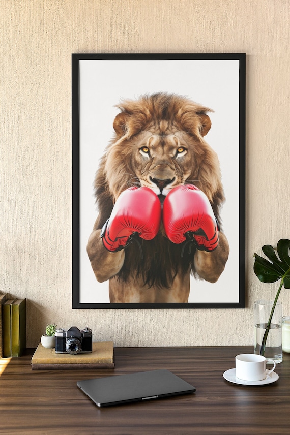 Lion Wearing Red Boxing Gloves Strong Motivational Animal Art Poster