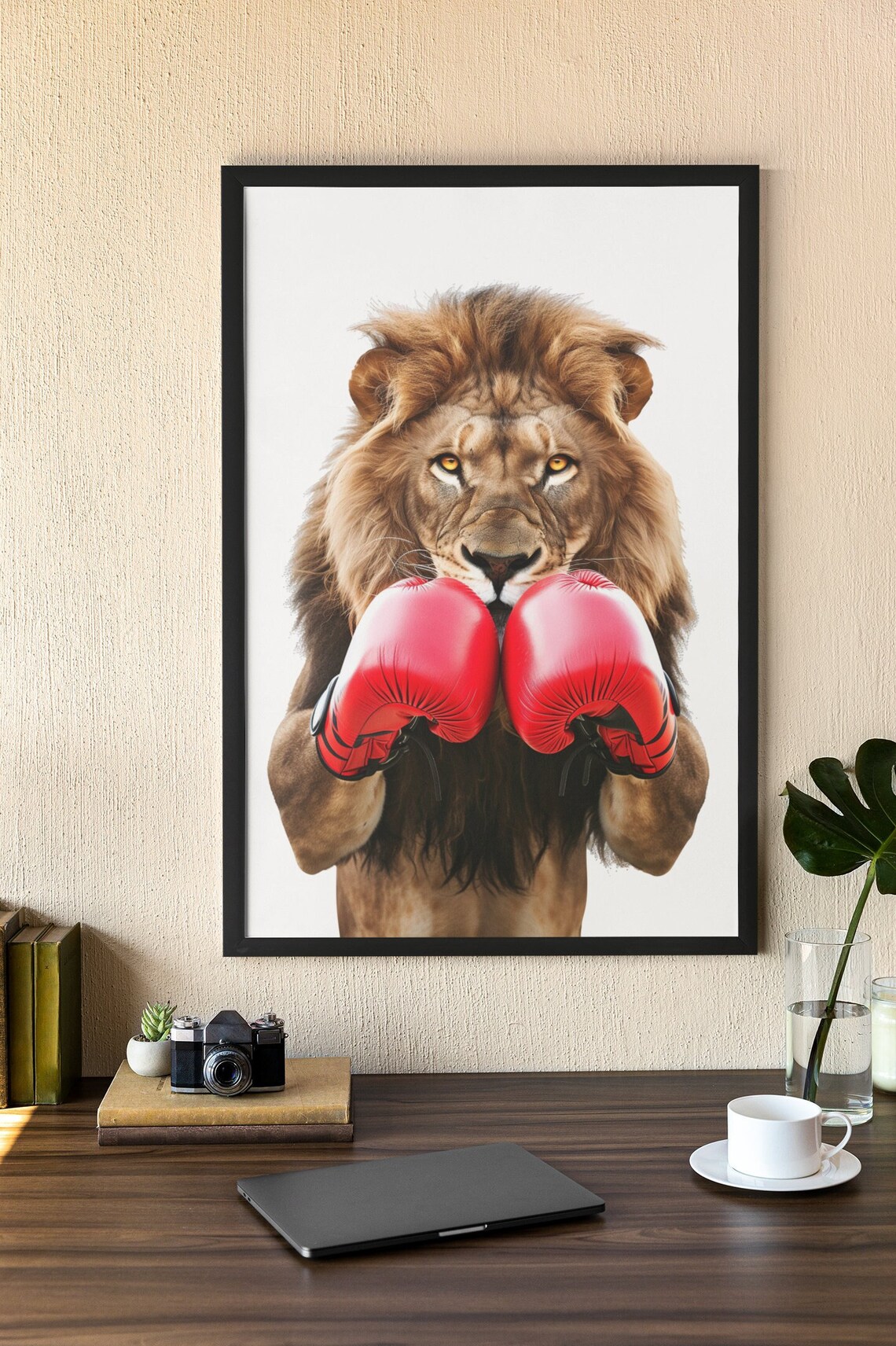 Lion Wearing Red Boxing Gloves Strong Motivational Animal Art Poster