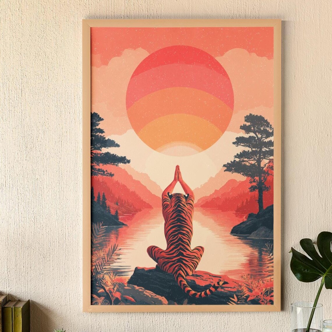 Zen Tiger Meditation Art Yoga Poster Serene Sunset Landscape Print
