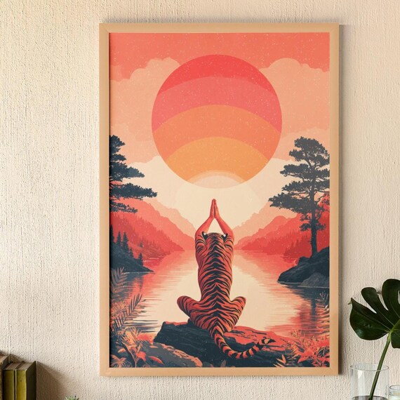 Zen Tiger Meditation Art Yoga Poster Serene Sunset Landscape Print