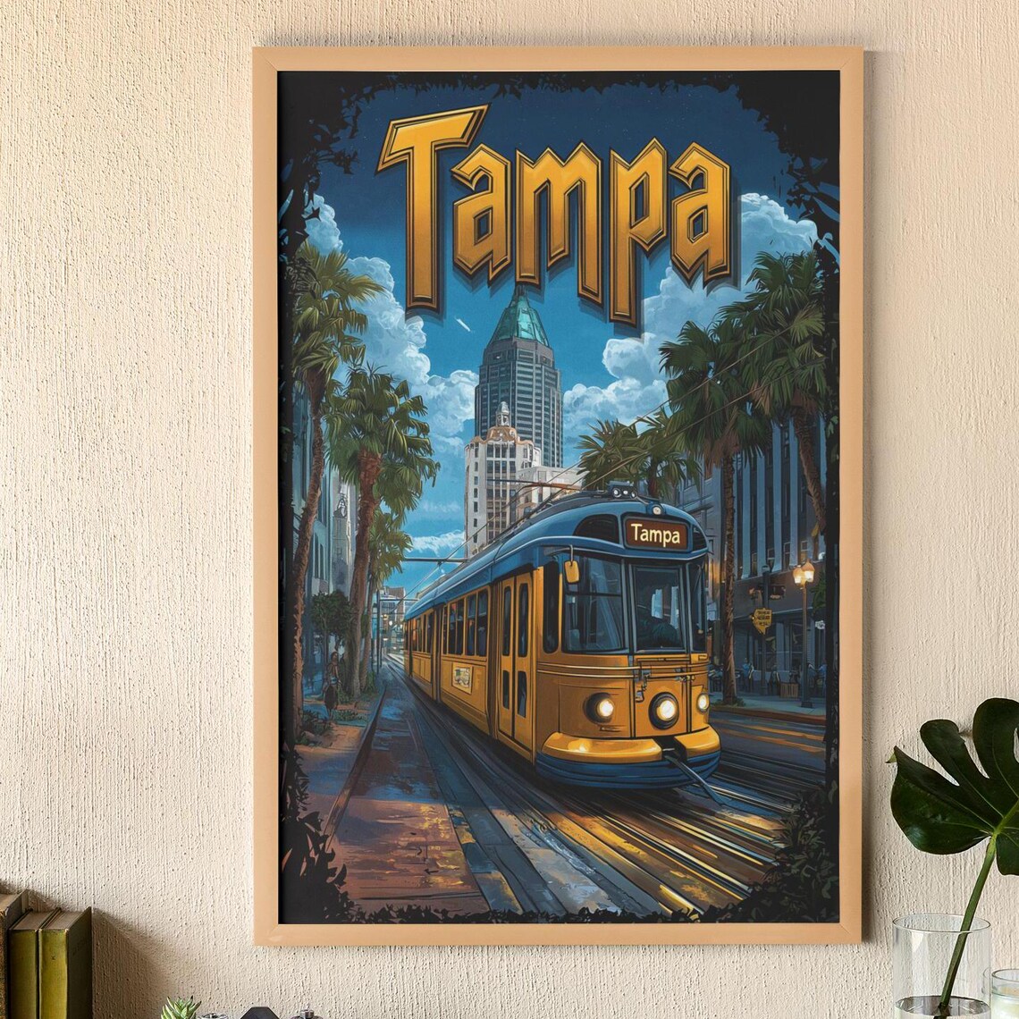 Tampa Florida Water Street Streetcar Illustration, Travel Poster