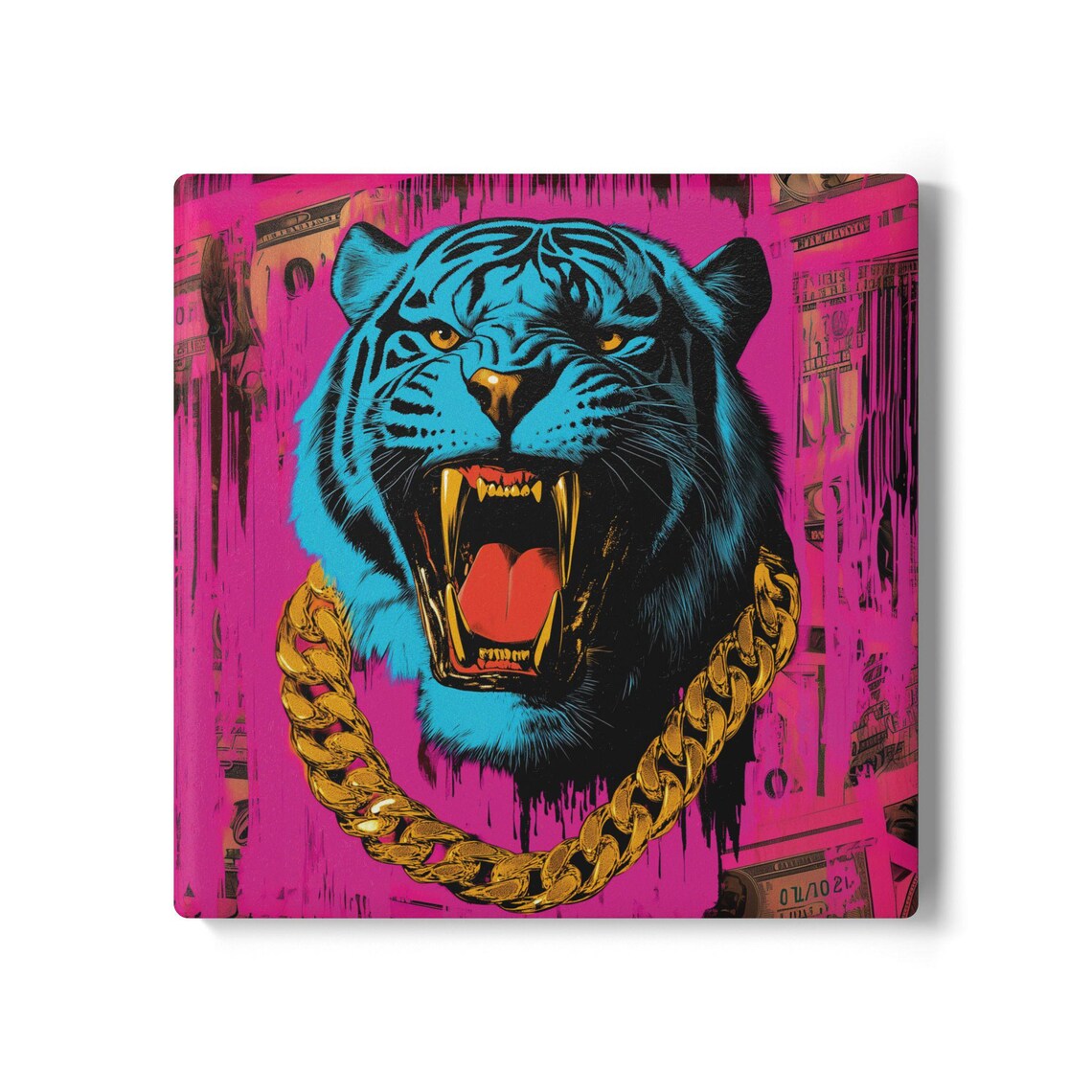 Blue Neon Roaring Tiger Gold Chain Pink Hip Hop Street Art Poster