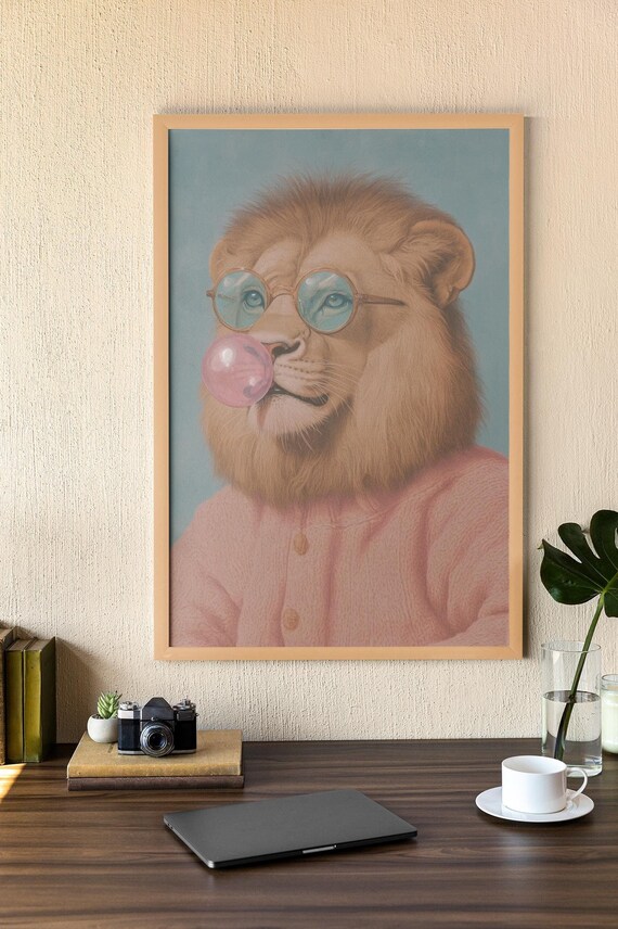 Lion Wearing Glasses Blowing Pink Bubble Gum Sweater Whimsical Animal Print