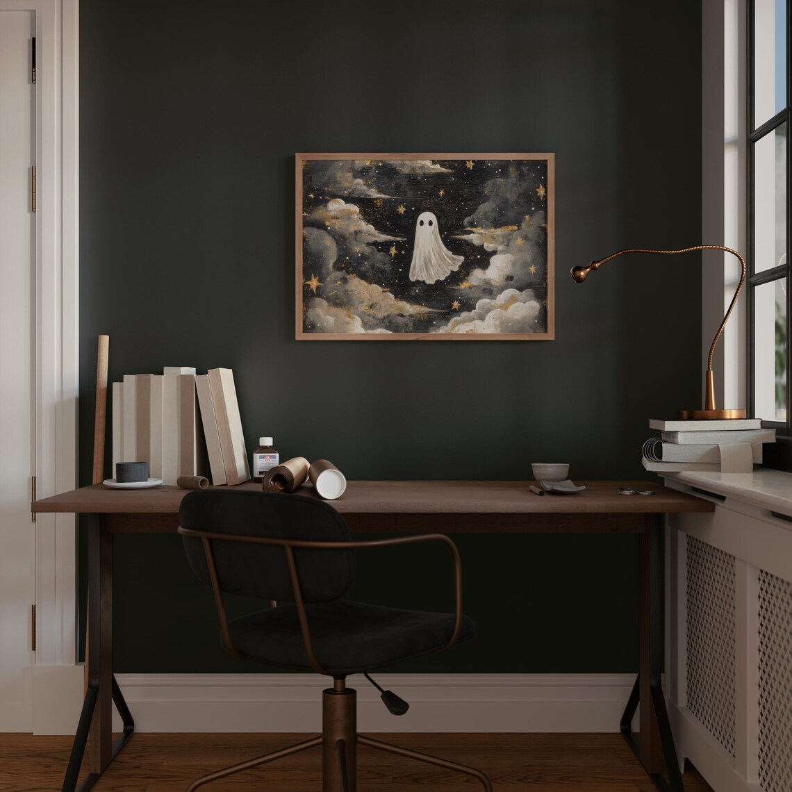 Cute Ghost Floating In Golden Starry Night Sky Cloud Scene Halloween Poster - Image 2