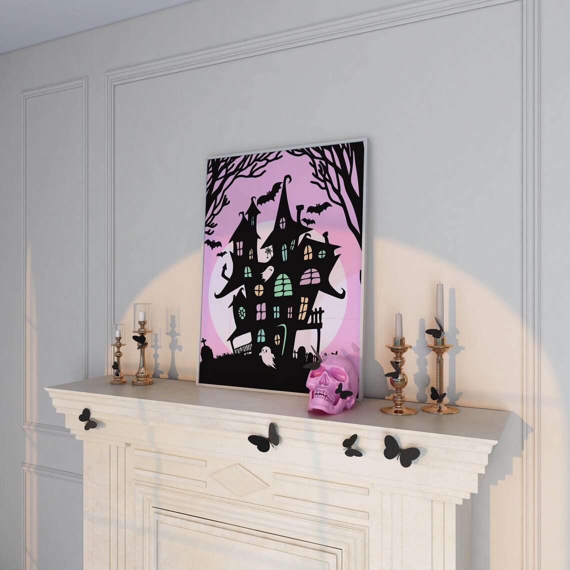 Pink Haunted Mansion Halloween Ghosts Bats Party Decor Poster - Image 2