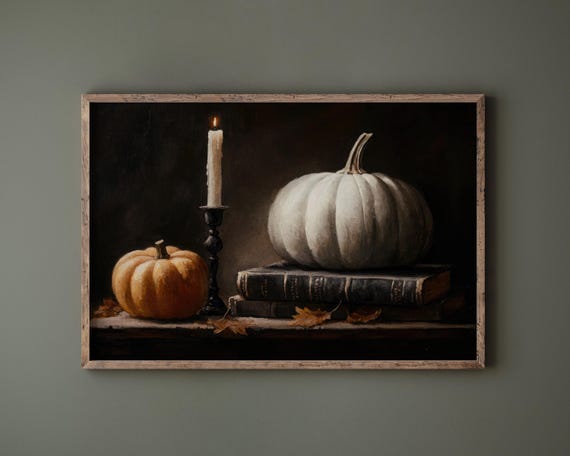 Moody Halloween Art Vintage Painting Bookshelf Decor Dark Academia Decor Halloween Painting Spooky Wall Art Halloween Print Pumpkin Decor