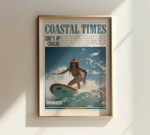 Surfs Up Cowgirl Coastal Times Retro Surf Newspaper Art Poster