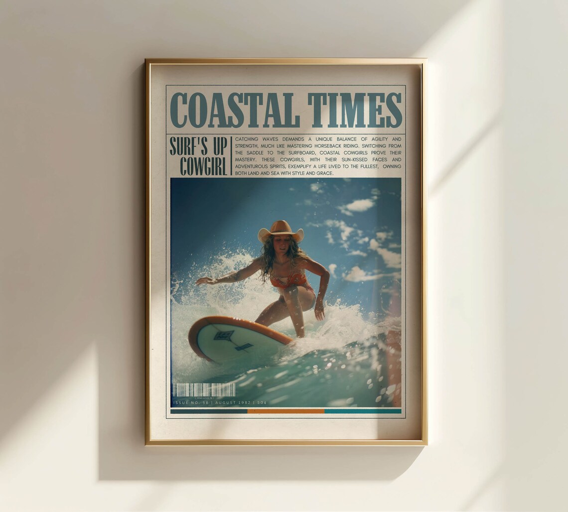 Surfs Up Cowgirl Coastal Times Retro Surf Newspaper Art Poster