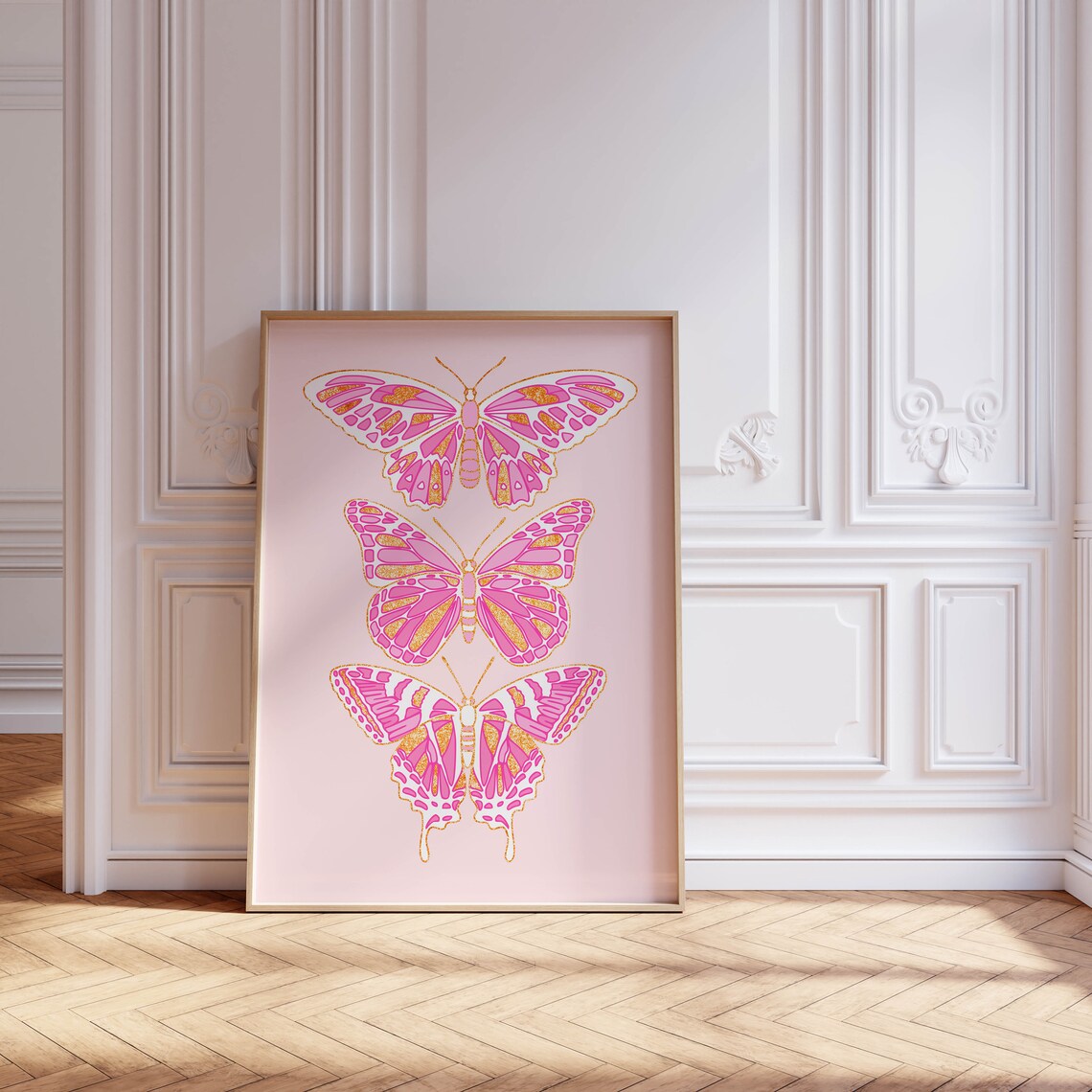 Trio Pink Gold Glitter Butterfly Monarch Preppy Teen Room Poster - Image 2