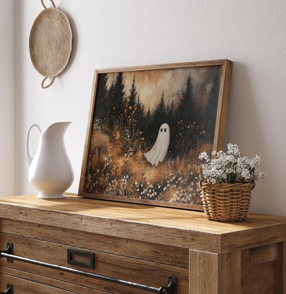 Lonely Lone Ghost in Dark Autumn Forest Floral Painting Poster