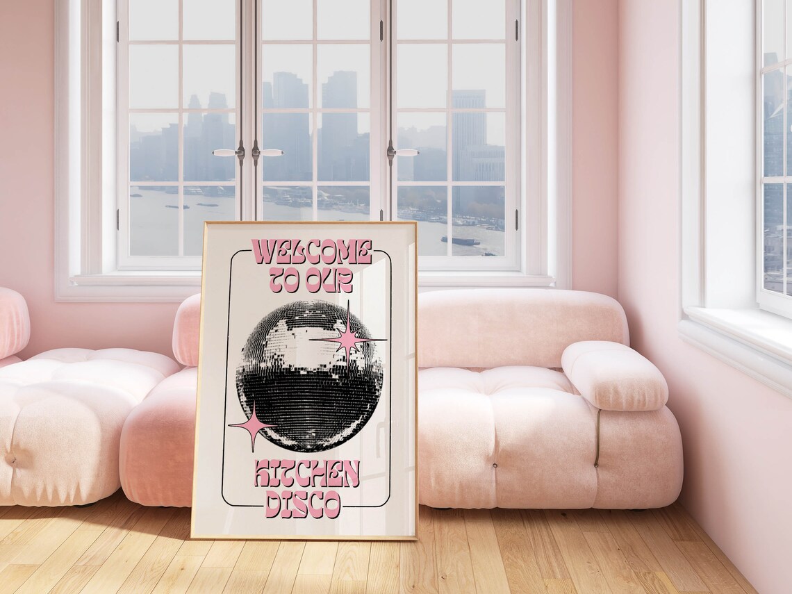 Retro Pink Disco Ball Welcome to Our Kitchen Disco Fun Quote Poster - Image 2
