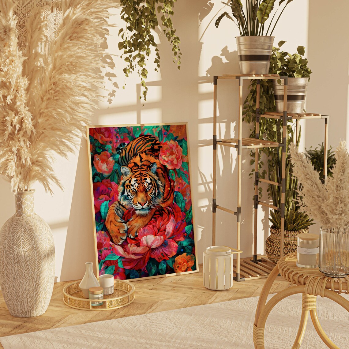 Vibrant Tiger Among Red Peonies Maximalist Floral Wall Poster - Image 2